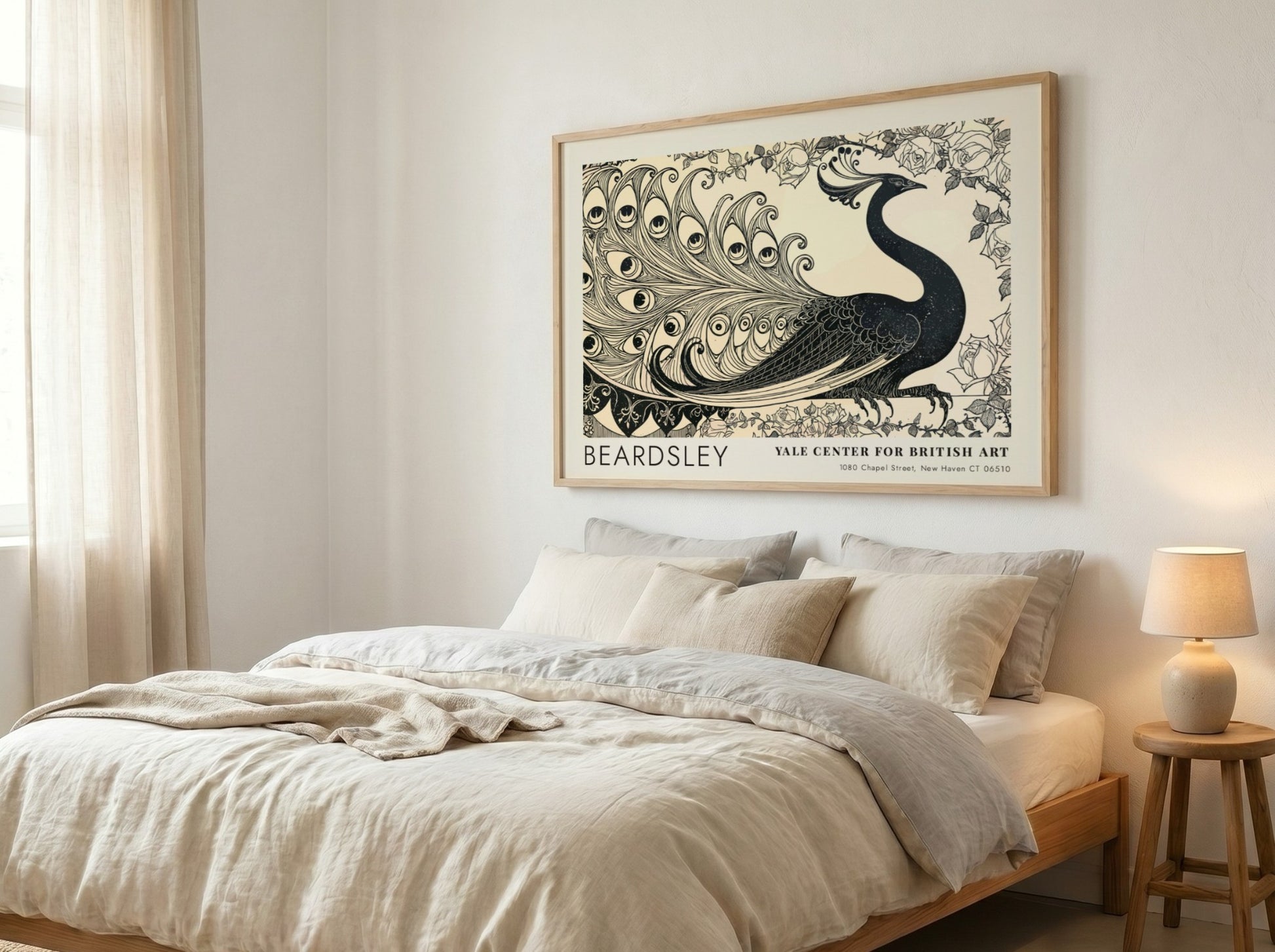 Wall art poster featuring Aubrey Beardsley's Isolde peacock design in black ink on cream.