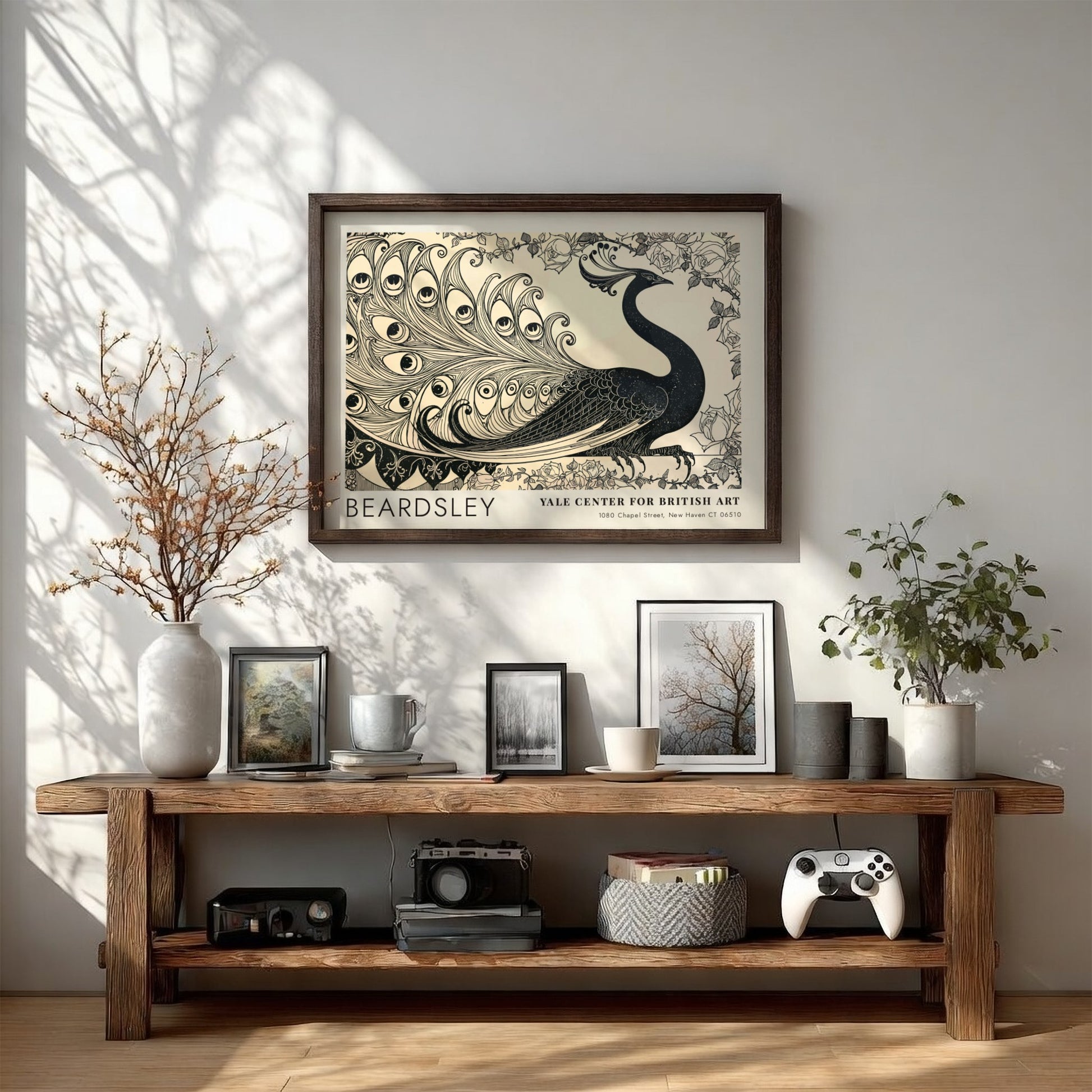 Wall art poster featuring Aubrey Beardsley's Isolde peacock design in black ink on cream.