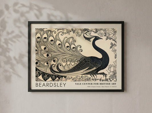Wall art poster featuring Aubrey Beardsley's Isolde peacock design in black ink on cream.