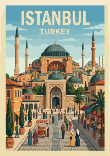 Istanbul travel poster showing the Hagia Sophia mosque with bustling streets and palm trees.