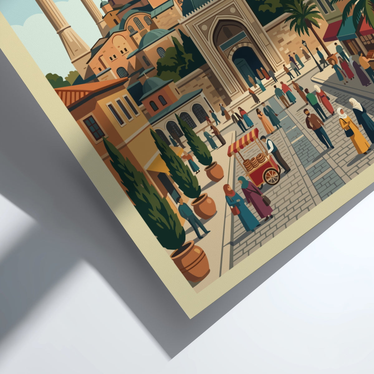 Istanbul travel poster showing the Hagia Sophia mosque with bustling streets and palm trees.