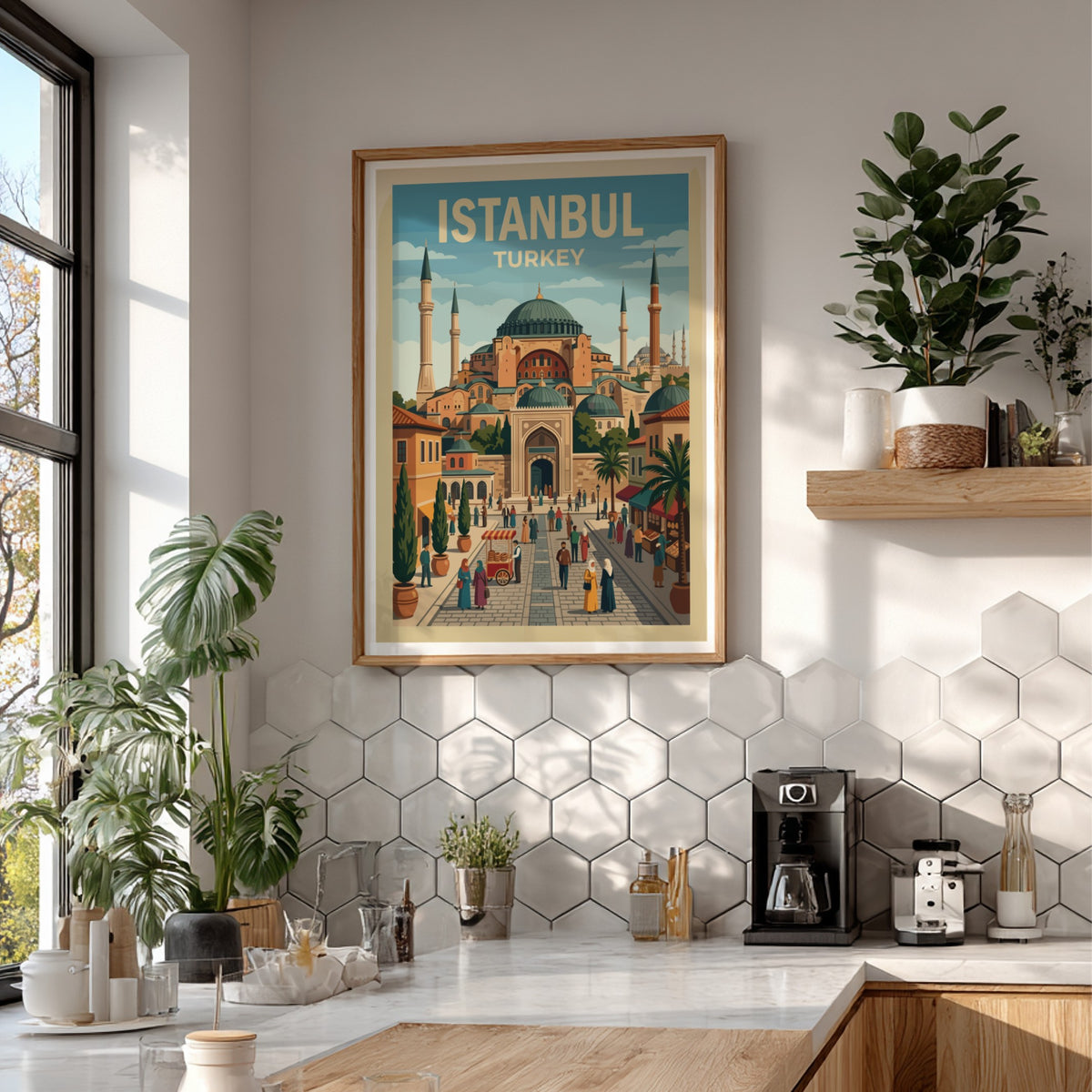 Istanbul travel poster showing the Hagia Sophia mosque with bustling streets and palm trees.
