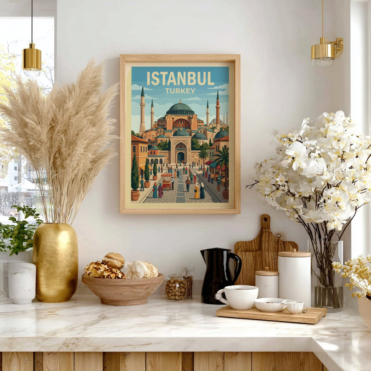 Istanbul travel poster showing the Hagia Sophia mosque with bustling streets and palm trees.