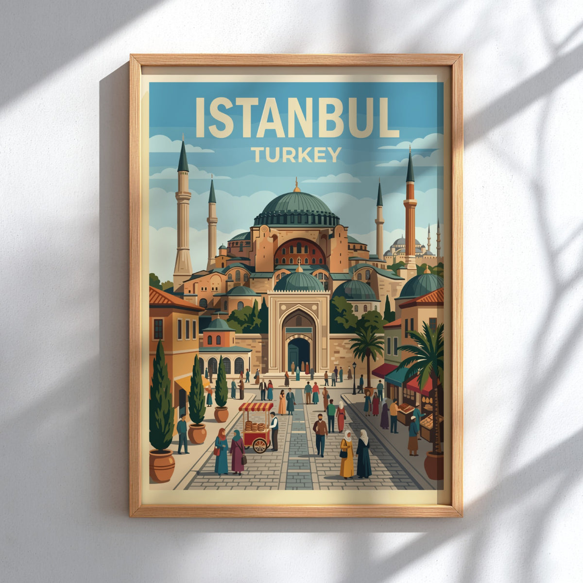 Istanbul travel poster showing the Hagia Sophia mosque with bustling streets and palm trees.