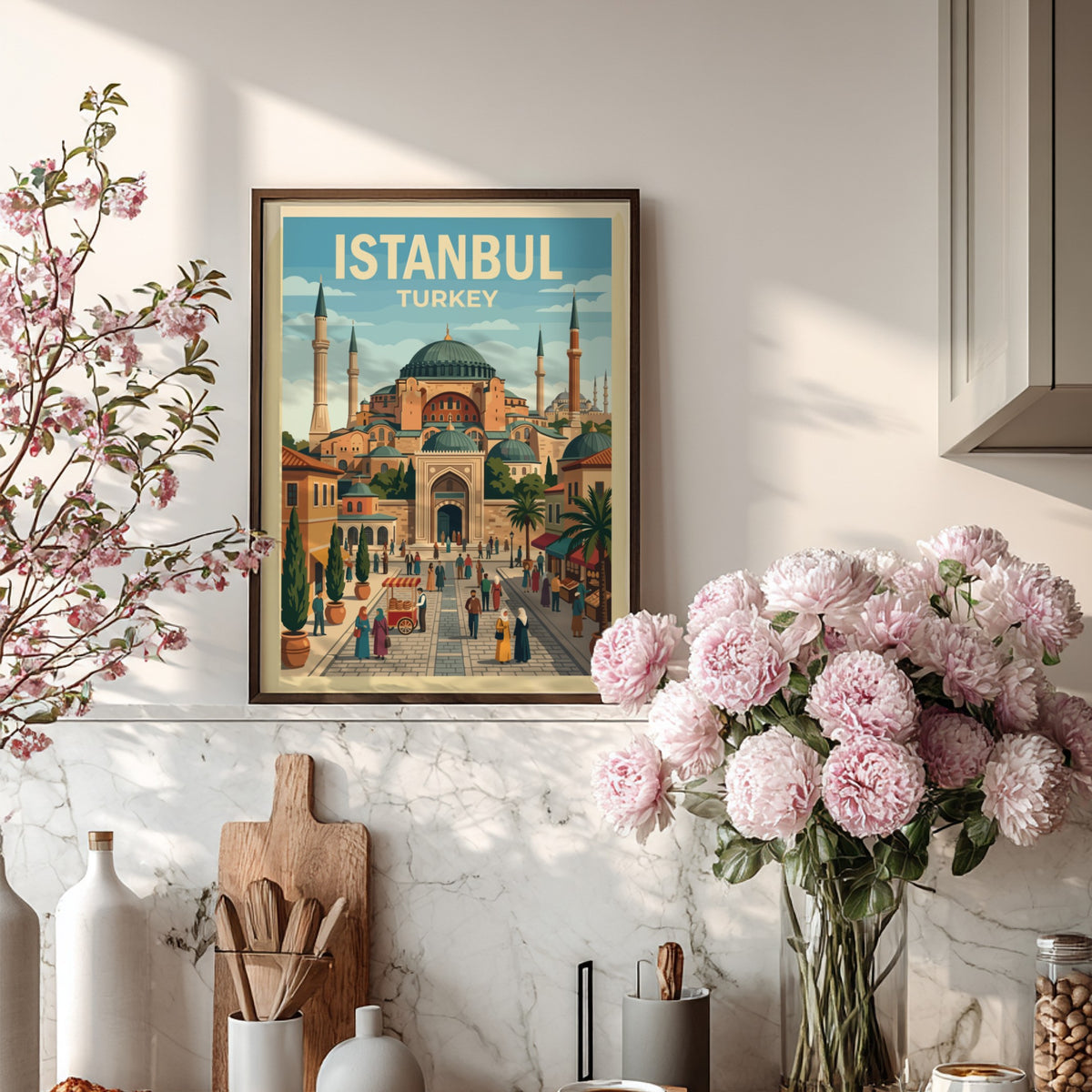 Istanbul travel poster showing the Hagia Sophia mosque with bustling streets and palm trees.