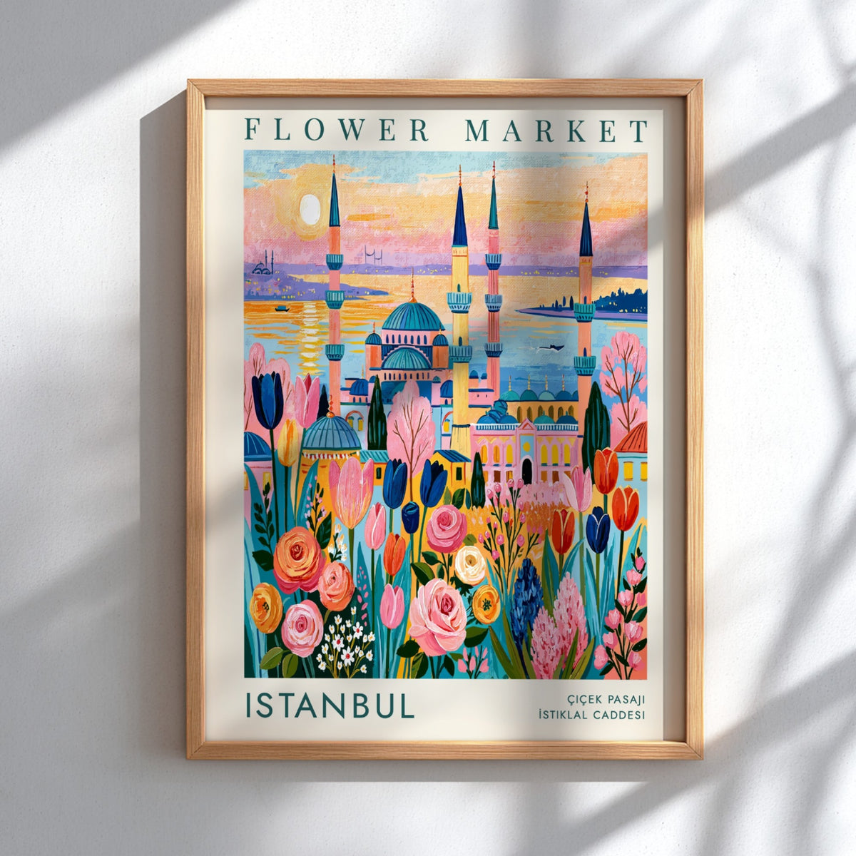 Flower market poster featuring vibrant blooms and Istanbul cityscape in colorful style