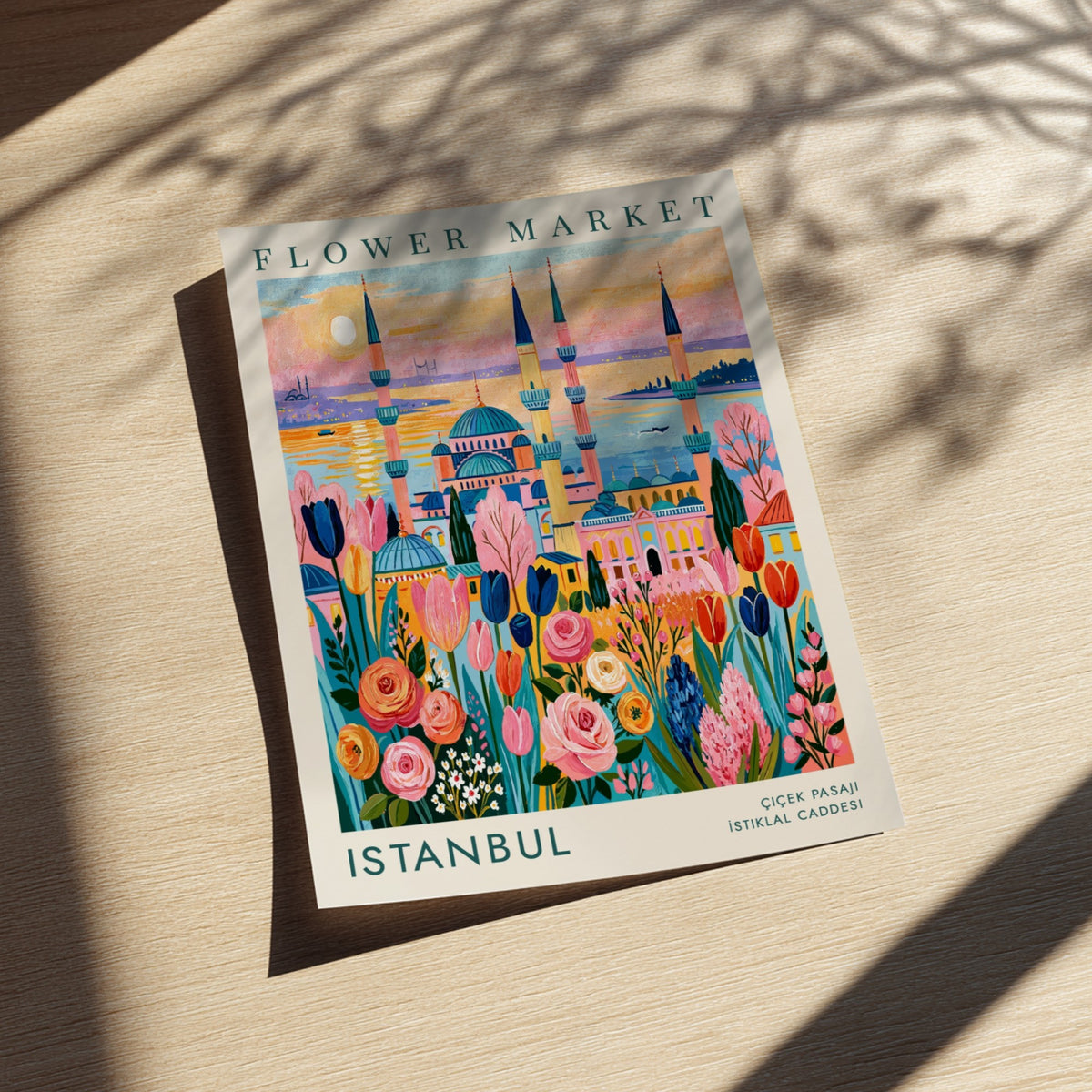 Flower market poster featuring vibrant blooms and Istanbul cityscape in colorful style