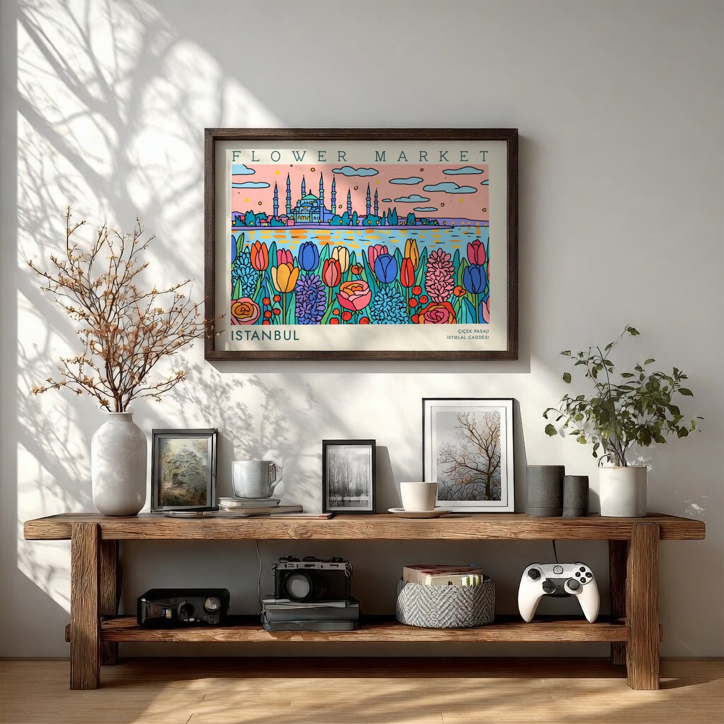 Vibrant flower market poster featuring tulips and Istanbul skyline in colorful design