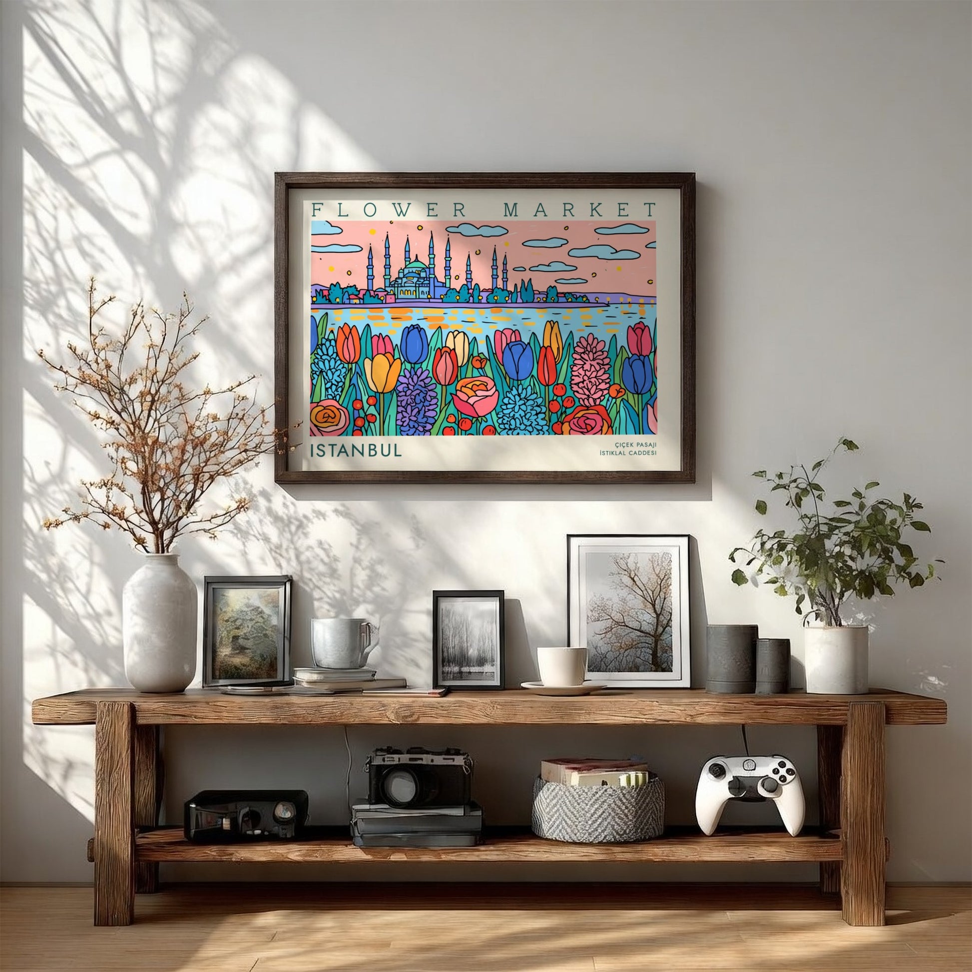 Vibrant flower market poster featuring tulips and Istanbul skyline in colorful design