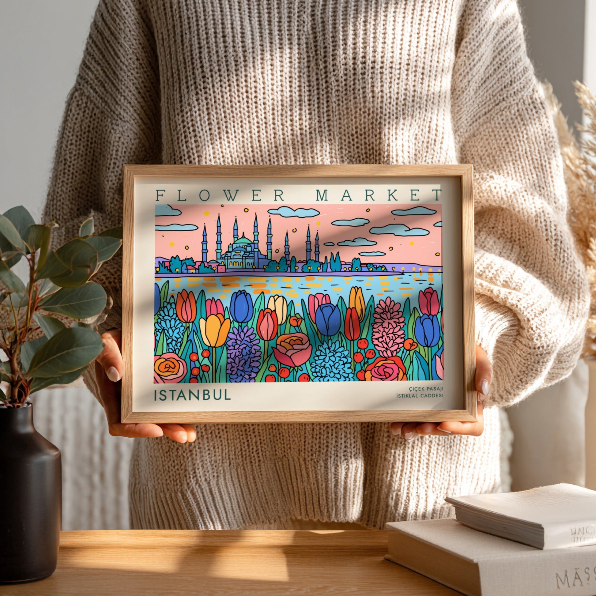 Vibrant flower market poster featuring tulips and Istanbul skyline in colorful design