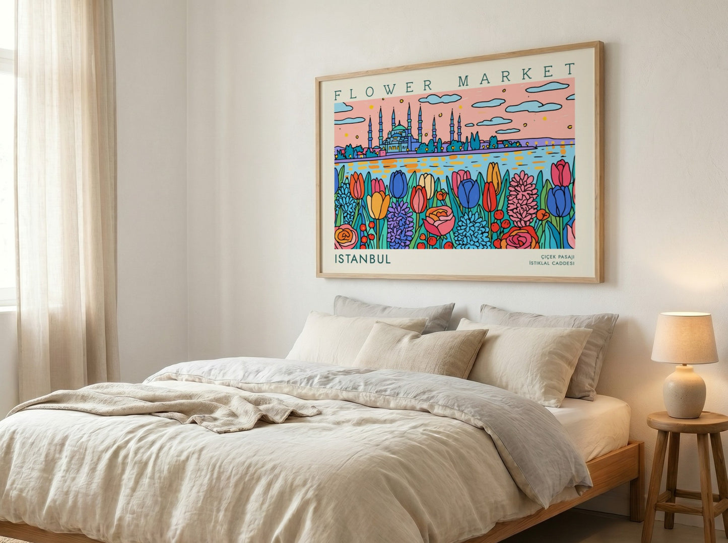 Vibrant flower market poster featuring tulips and Istanbul skyline in colorful design