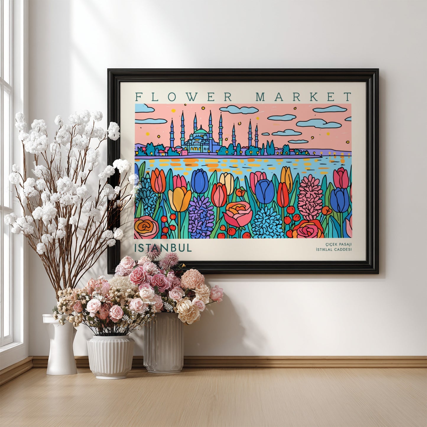 Vibrant flower market poster featuring tulips and Istanbul skyline in colorful design