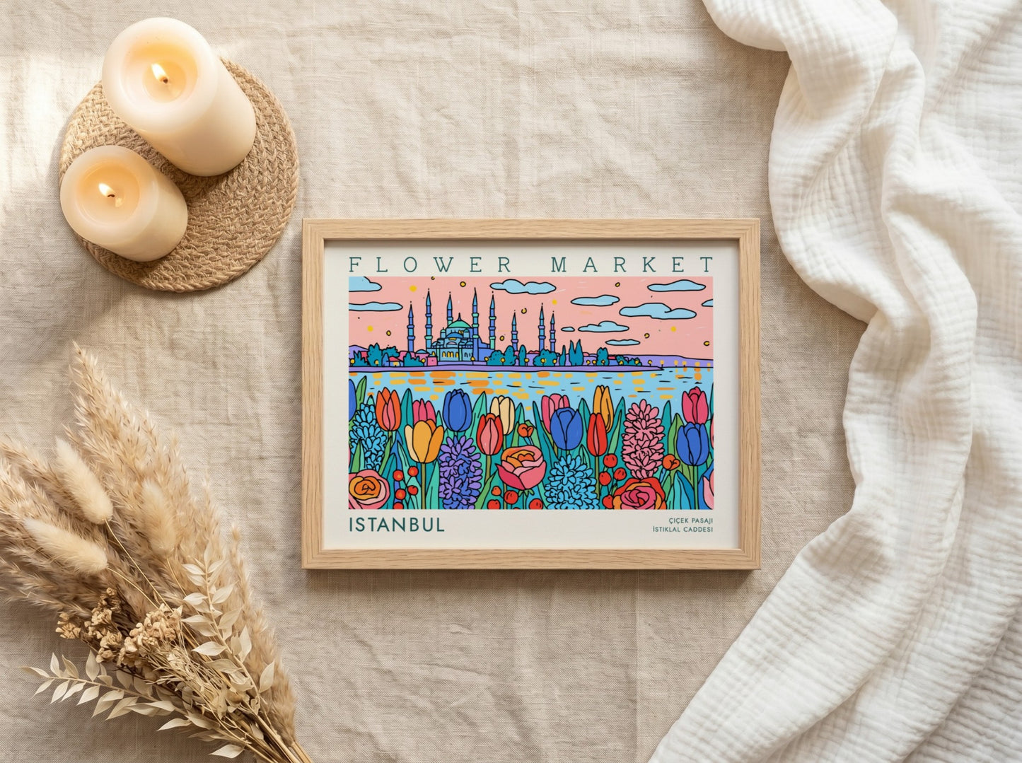 Vibrant flower market poster featuring tulips and Istanbul skyline in colorful design