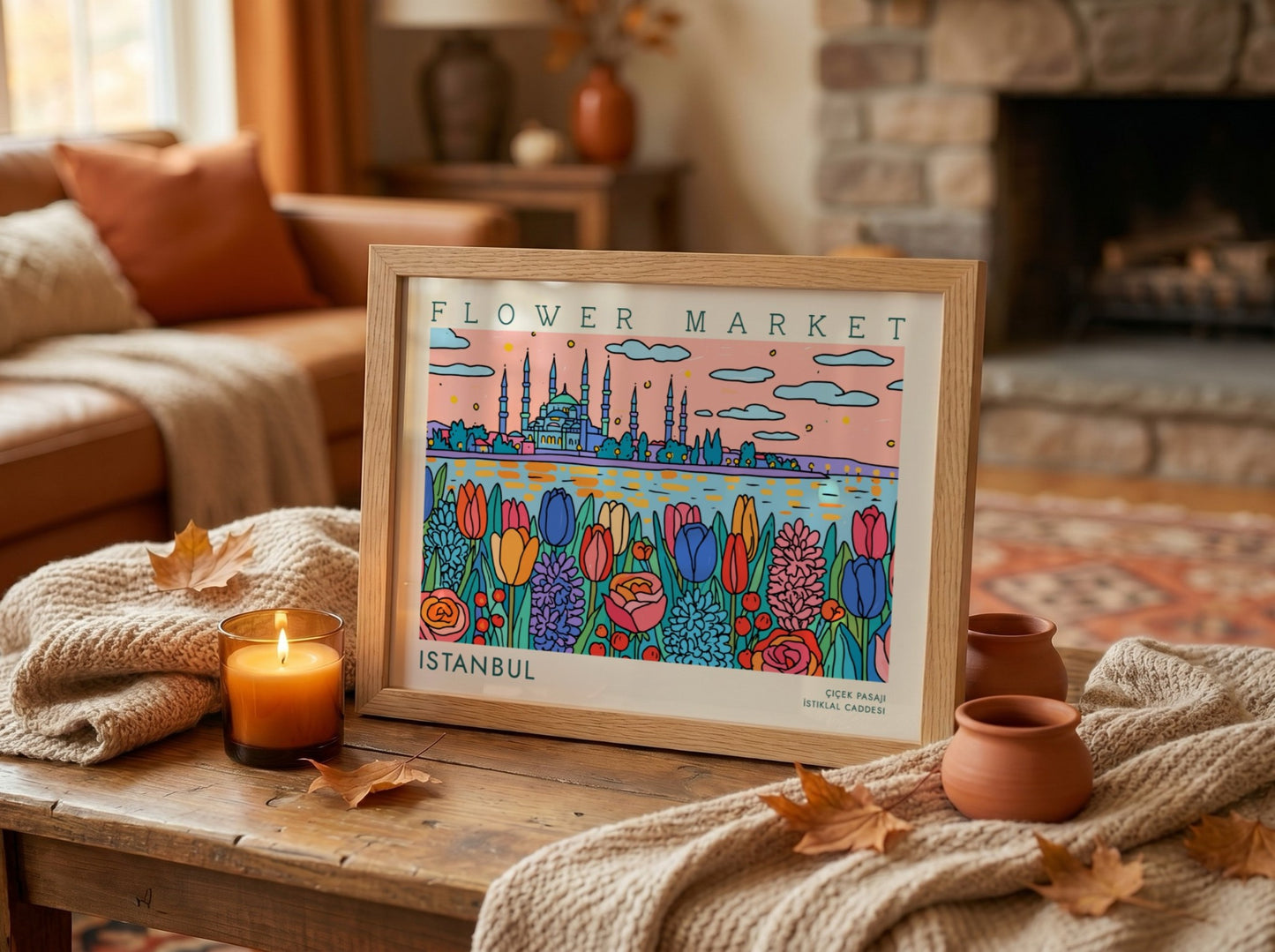 Vibrant flower market poster featuring tulips and Istanbul skyline in colorful design