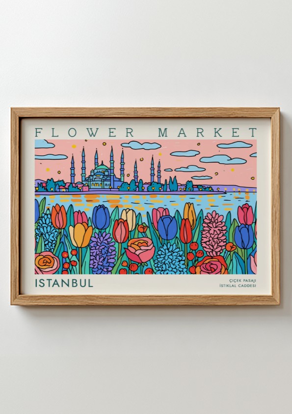 Vibrant flower market poster featuring tulips and Istanbul skyline in colorful design
