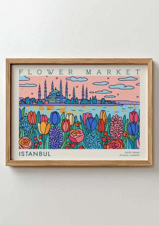 Vibrant flower market poster featuring tulips and Istanbul skyline in colorful design