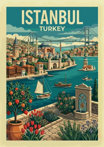 Retro Istanbul travel poster featuring cityscape, Bosphorus, and iconic landmarks in a vibrant palette.