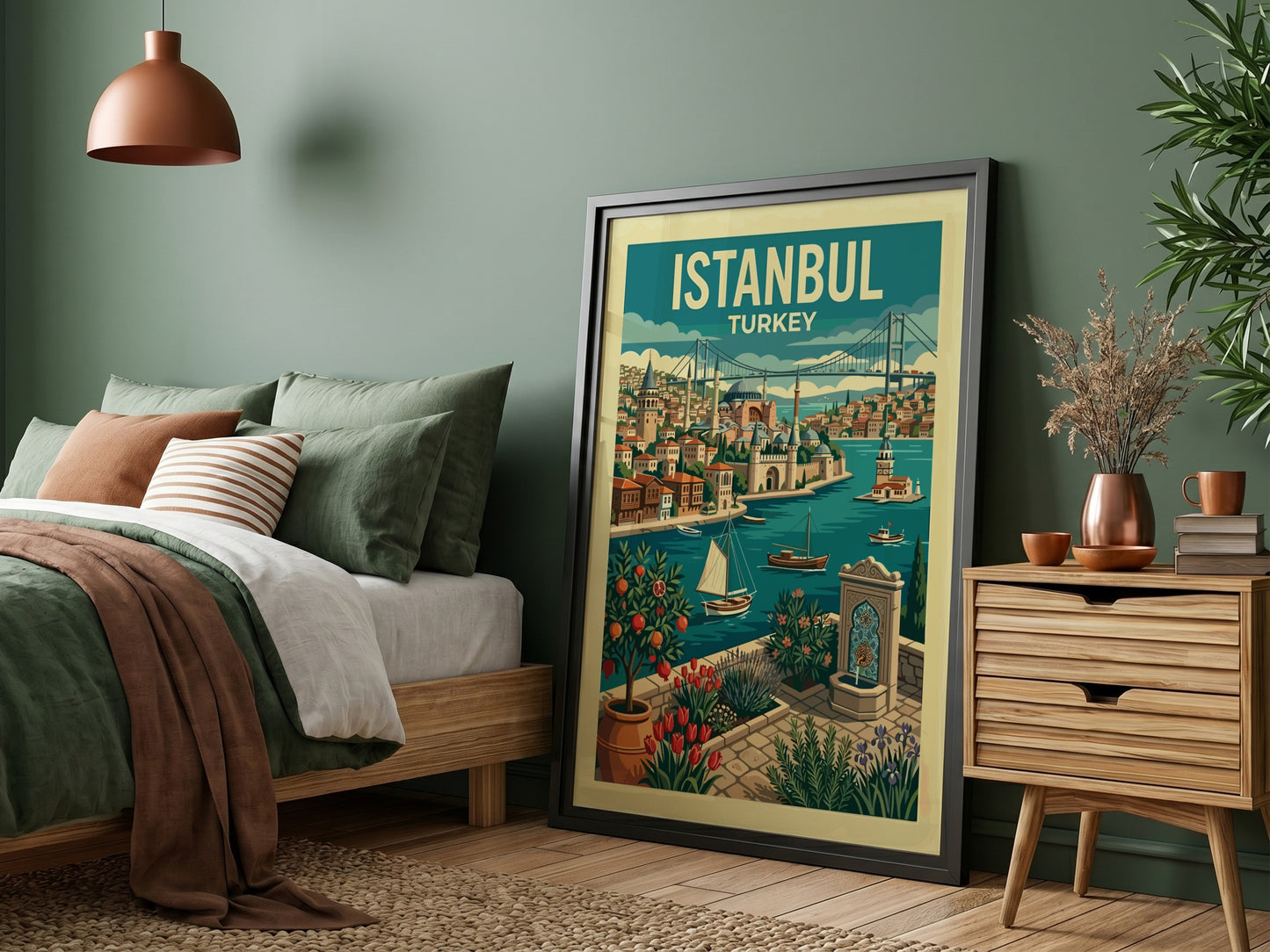 Retro Istanbul travel poster featuring cityscape, Bosphorus, and iconic landmarks in a vibrant palette.