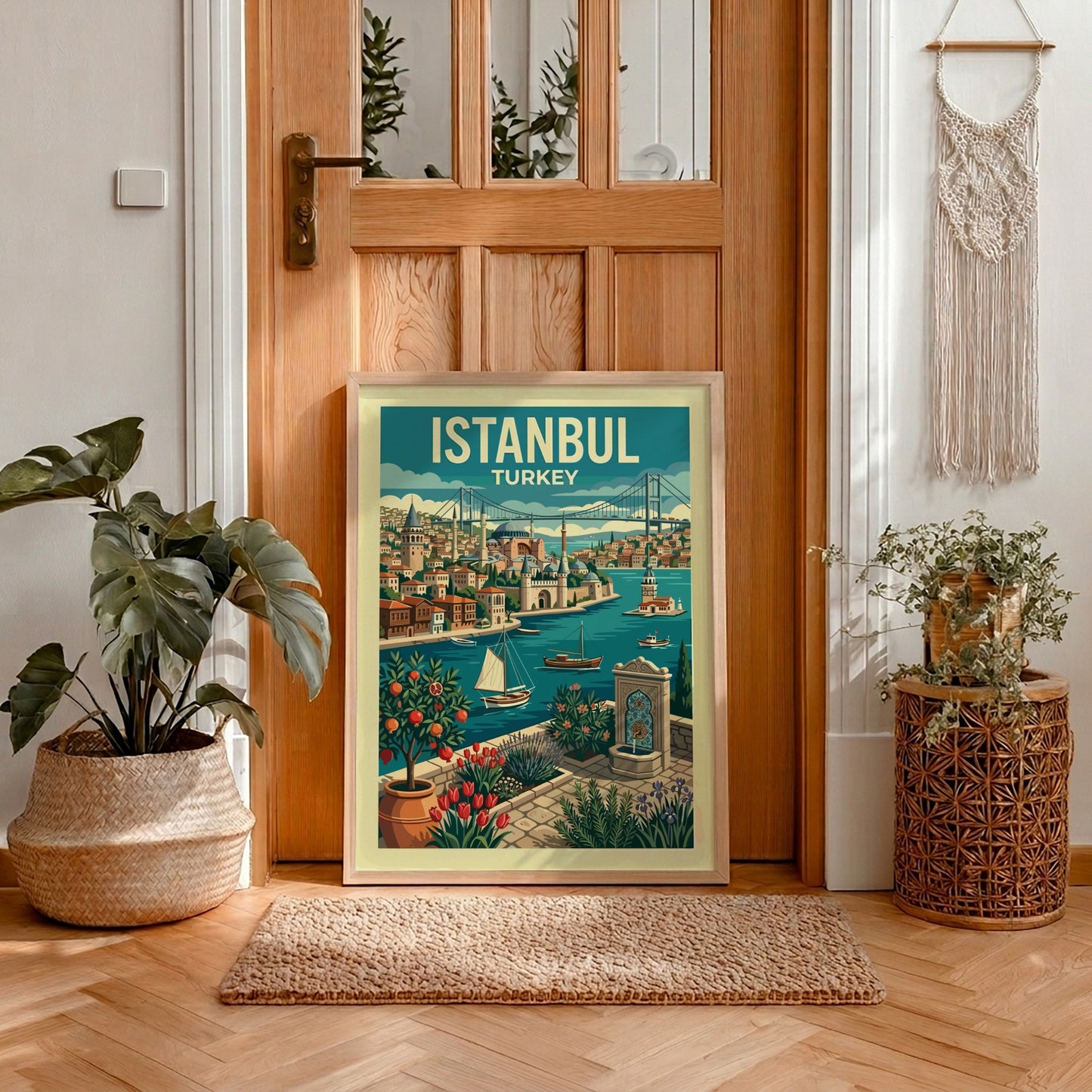 Retro Istanbul travel poster featuring cityscape, Bosphorus, and iconic landmarks in a vibrant palette.