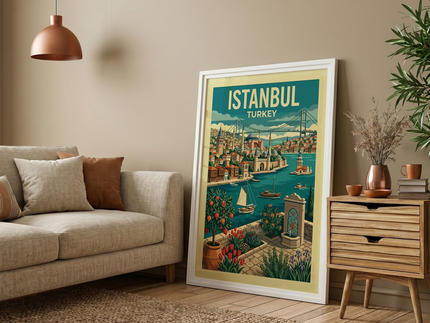 Retro Istanbul travel poster featuring cityscape, Bosphorus, and iconic landmarks in a vibrant palette.