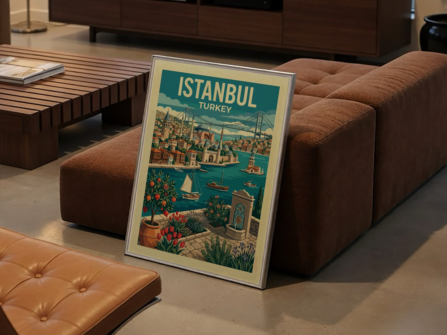 Retro Istanbul travel poster featuring cityscape, Bosphorus, and iconic landmarks in a vibrant palette.