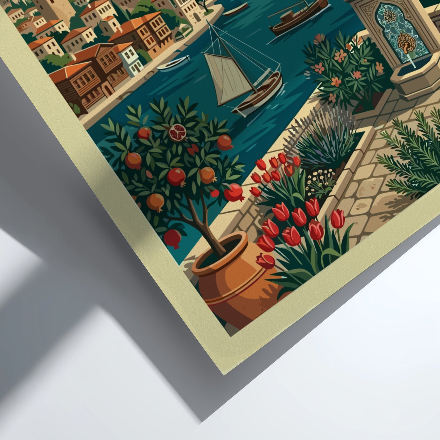Retro Istanbul travel poster featuring cityscape, Bosphorus, and iconic landmarks in a vibrant palette.