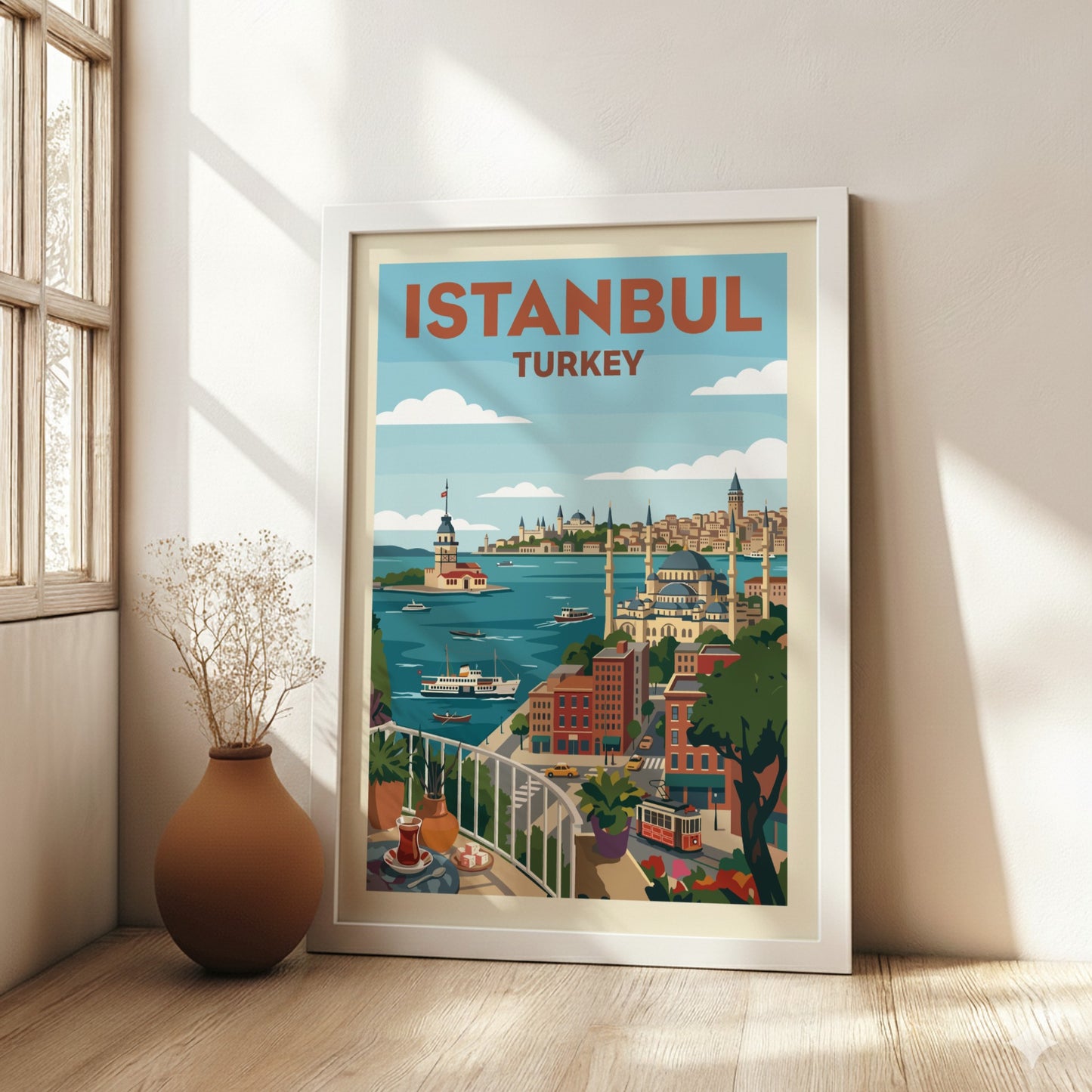Vintage Istanbul travel poster with a colorful cityscape illustration and the Maiden's Tower.