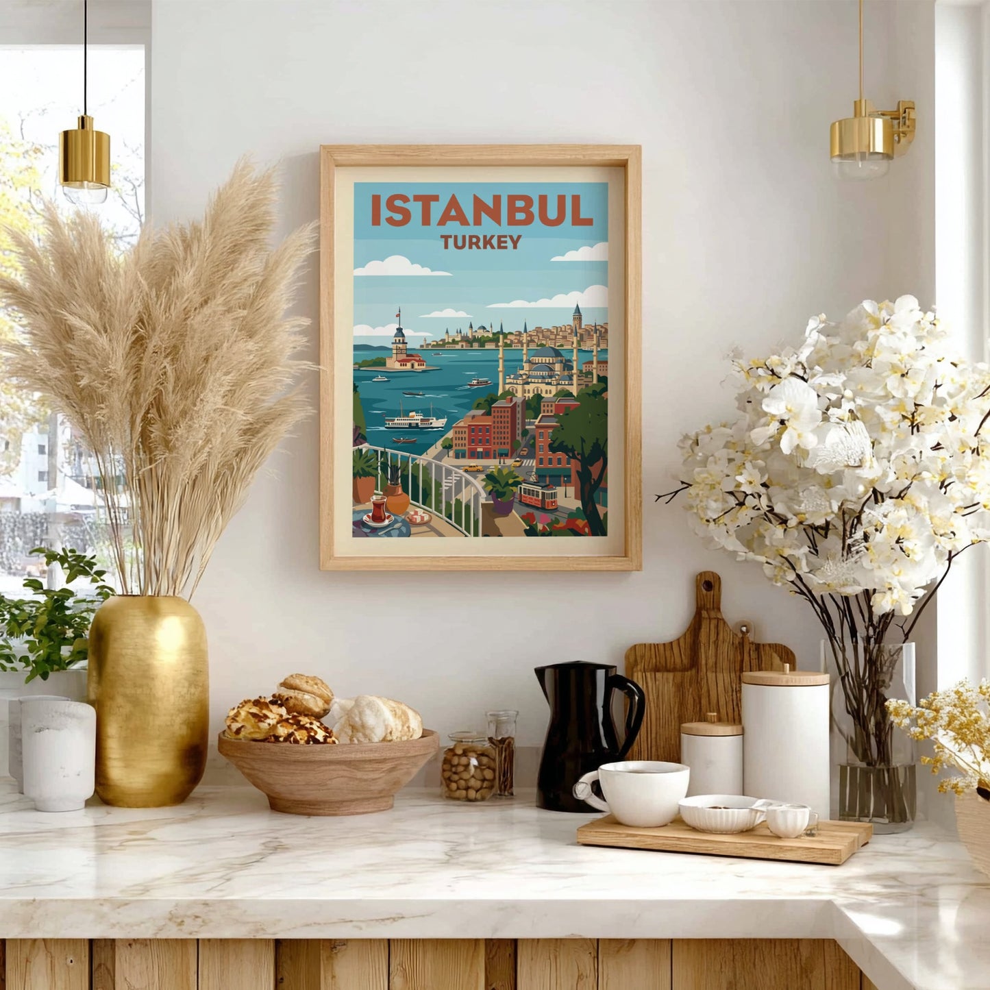 Vintage Istanbul travel poster with a colorful cityscape illustration and the Maiden's Tower.