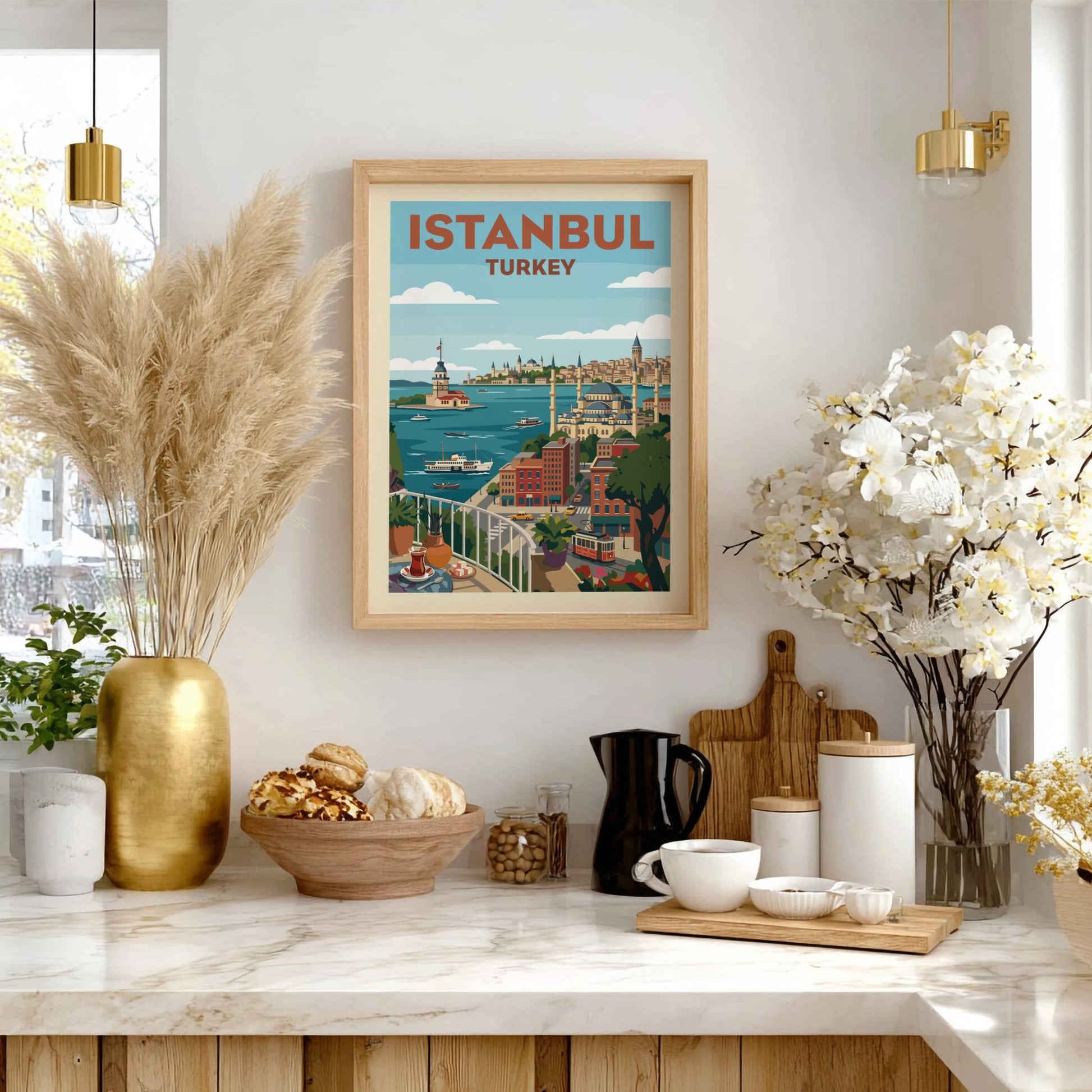 Vintage Istanbul travel poster with a colorful cityscape illustration and the Maiden's Tower.