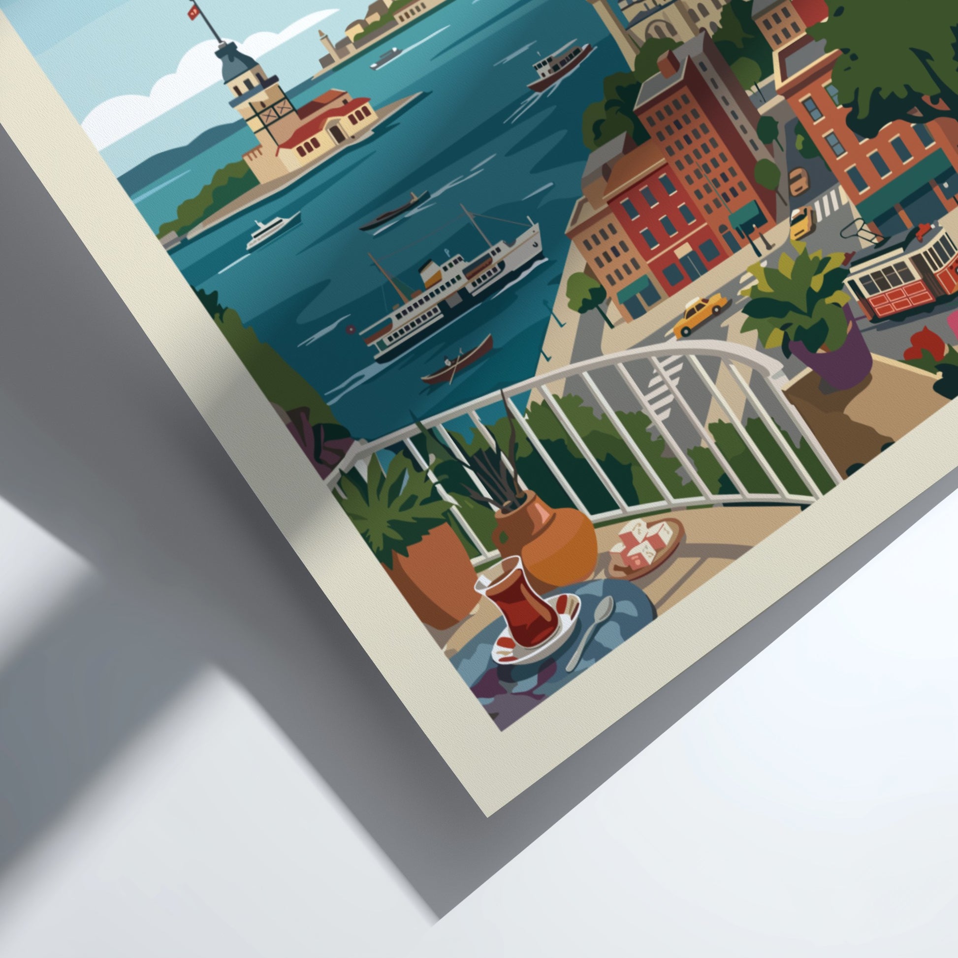 Vintage Istanbul travel poster with a colorful cityscape illustration and the Maiden's Tower.