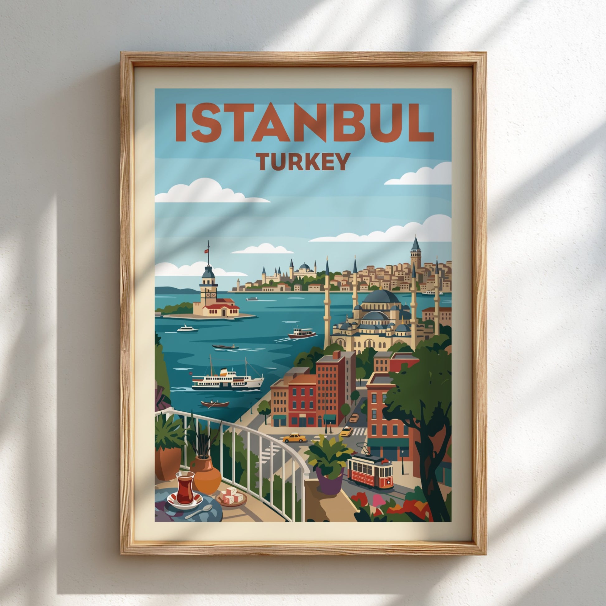 Vintage Istanbul travel poster with a colorful cityscape illustration and the Maiden's Tower.