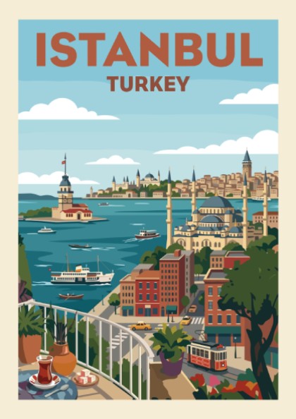 Vintage Istanbul travel poster with a colorful cityscape illustration and the Maiden's Tower.