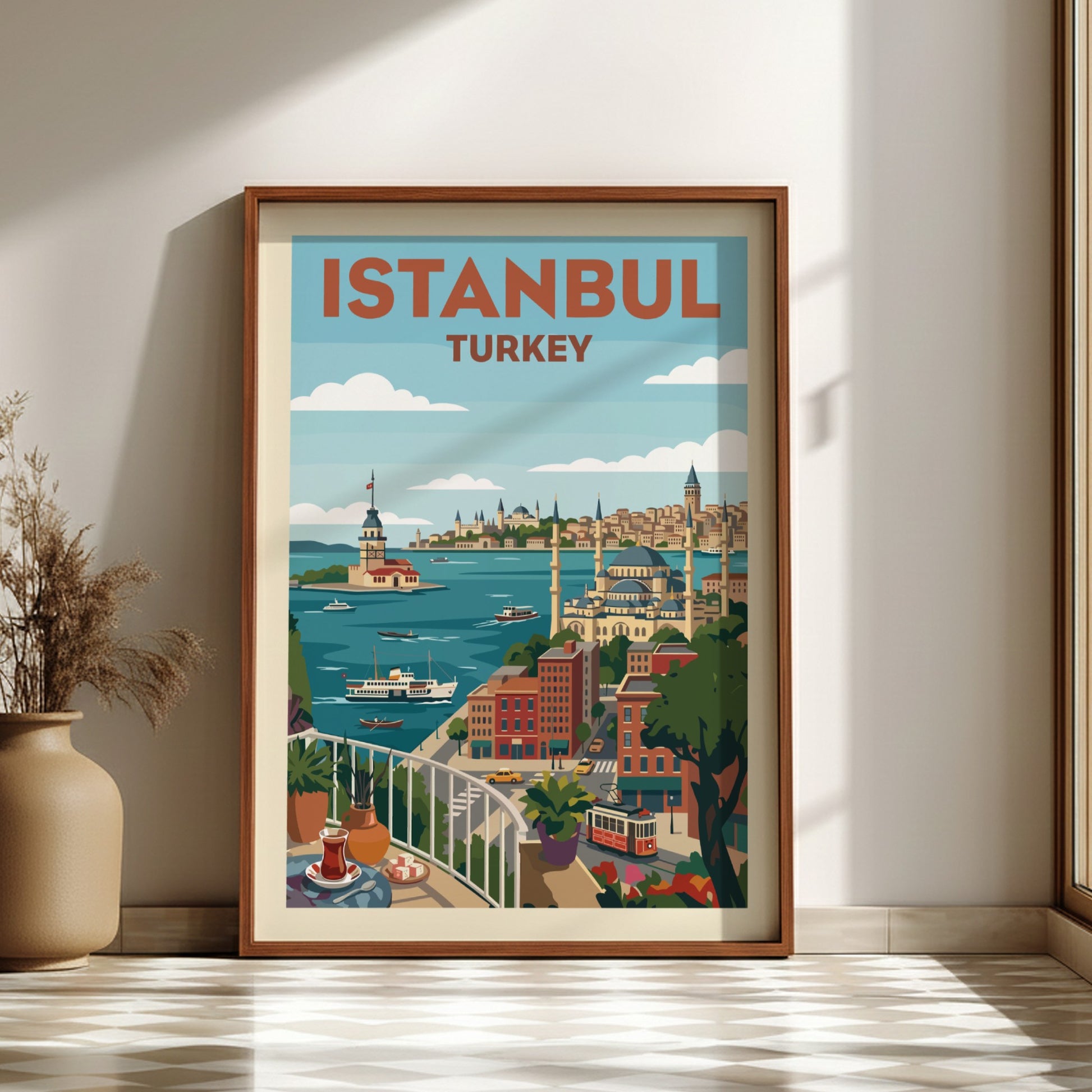 Vintage Istanbul travel poster with a colorful cityscape illustration and the Maiden's Tower.