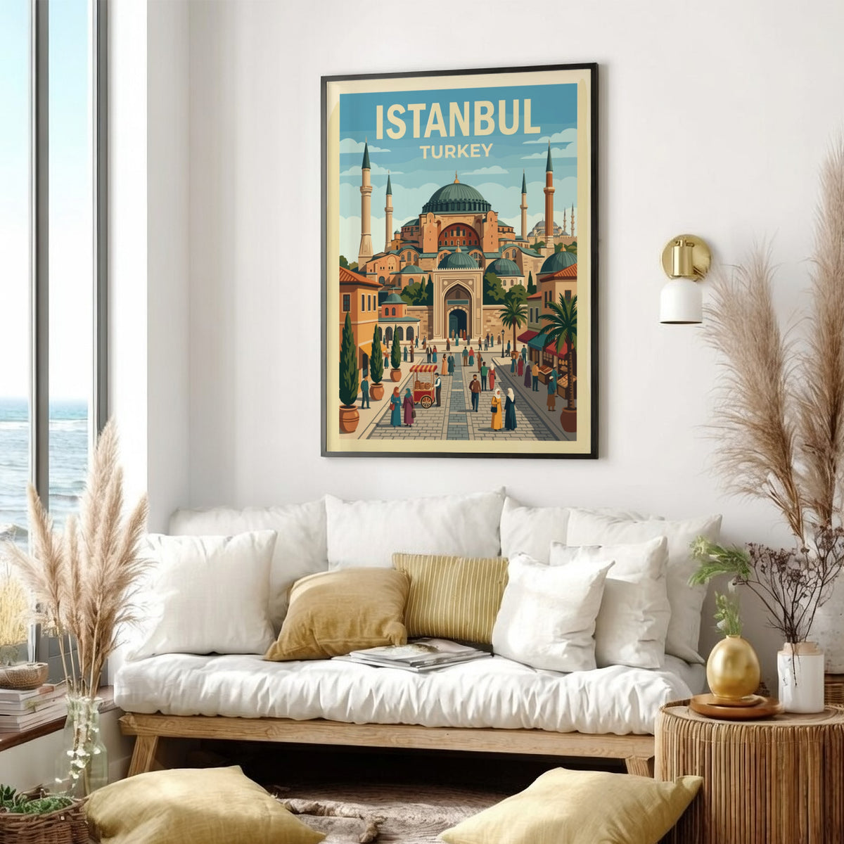 Istanbul travel poster showing the Hagia Sophia mosque with bustling streets and palm trees.