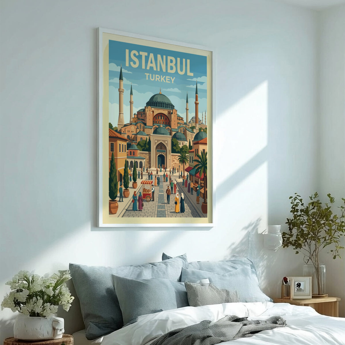 Istanbul travel poster showing the Hagia Sophia mosque with bustling streets and palm trees.