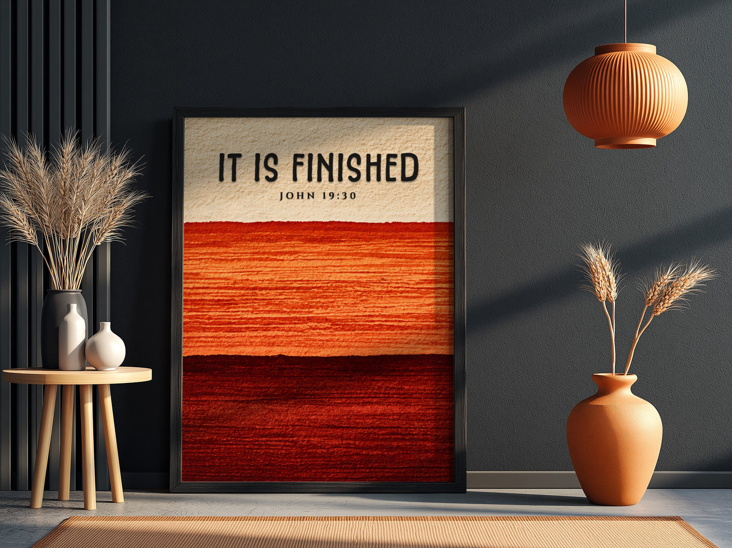 Inspirational poster featuring the phrase It Is Finished in warm gradient colors