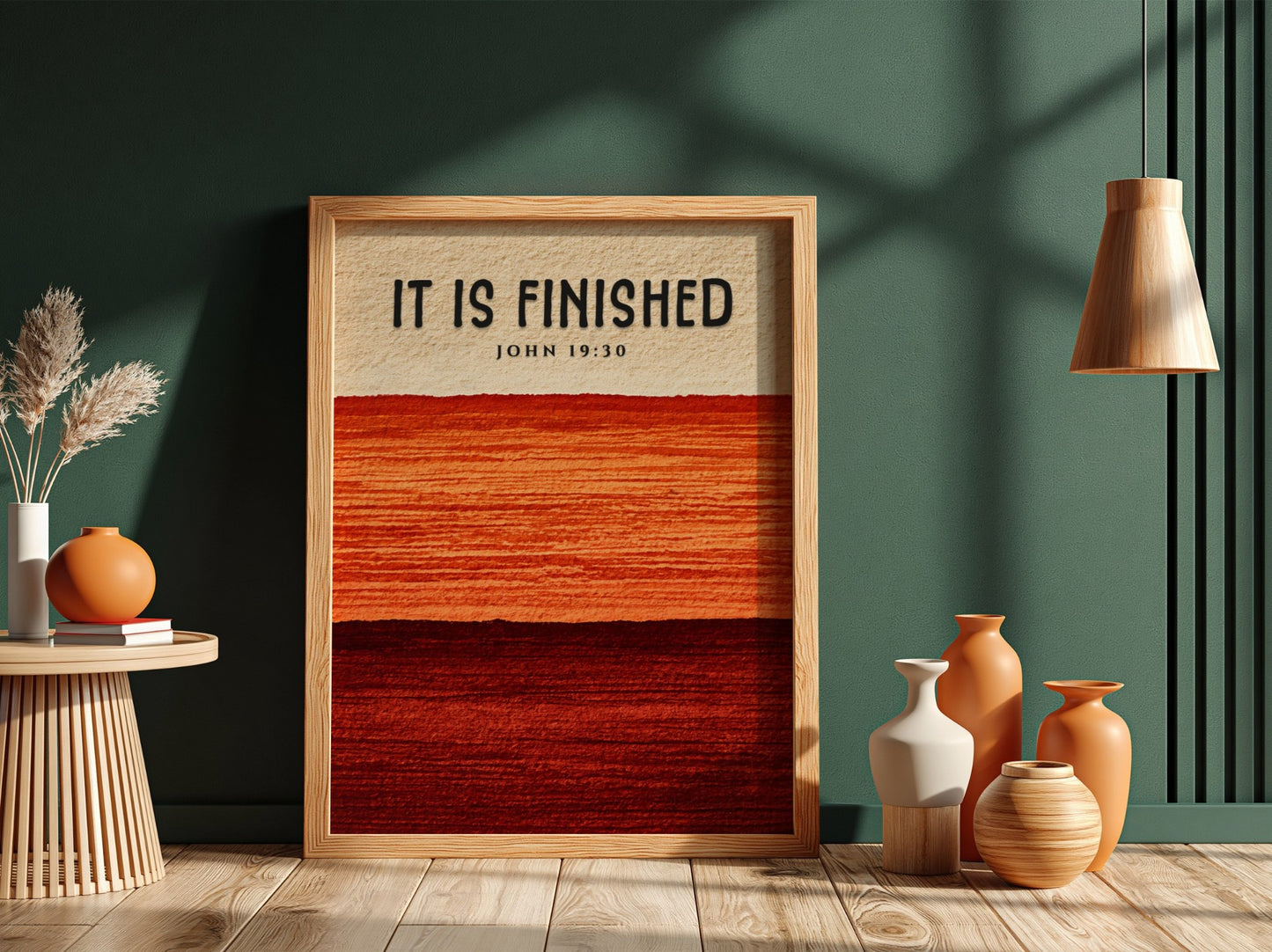 Inspirational poster featuring the phrase It Is Finished in warm gradient colors