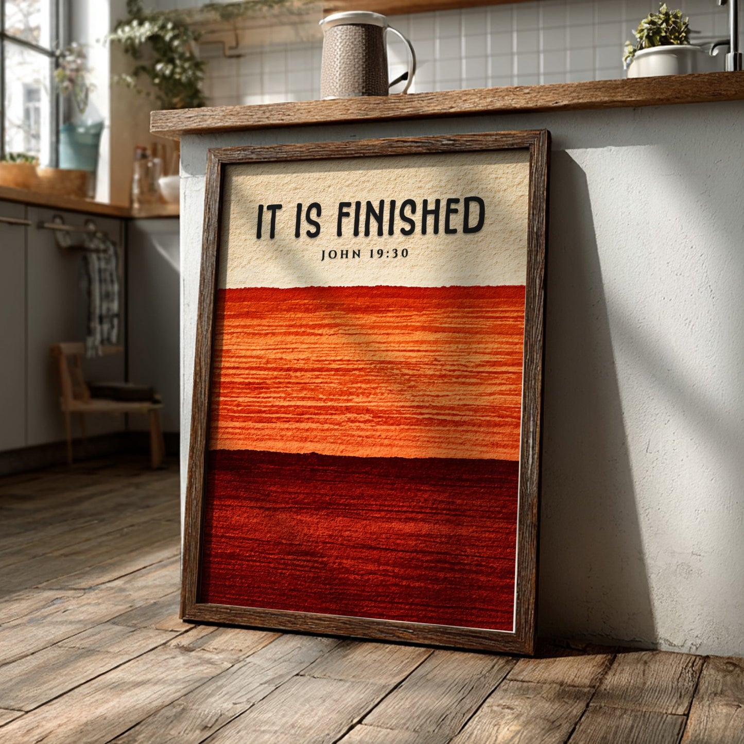 Inspirational poster featuring the phrase It Is Finished in warm gradient colors
