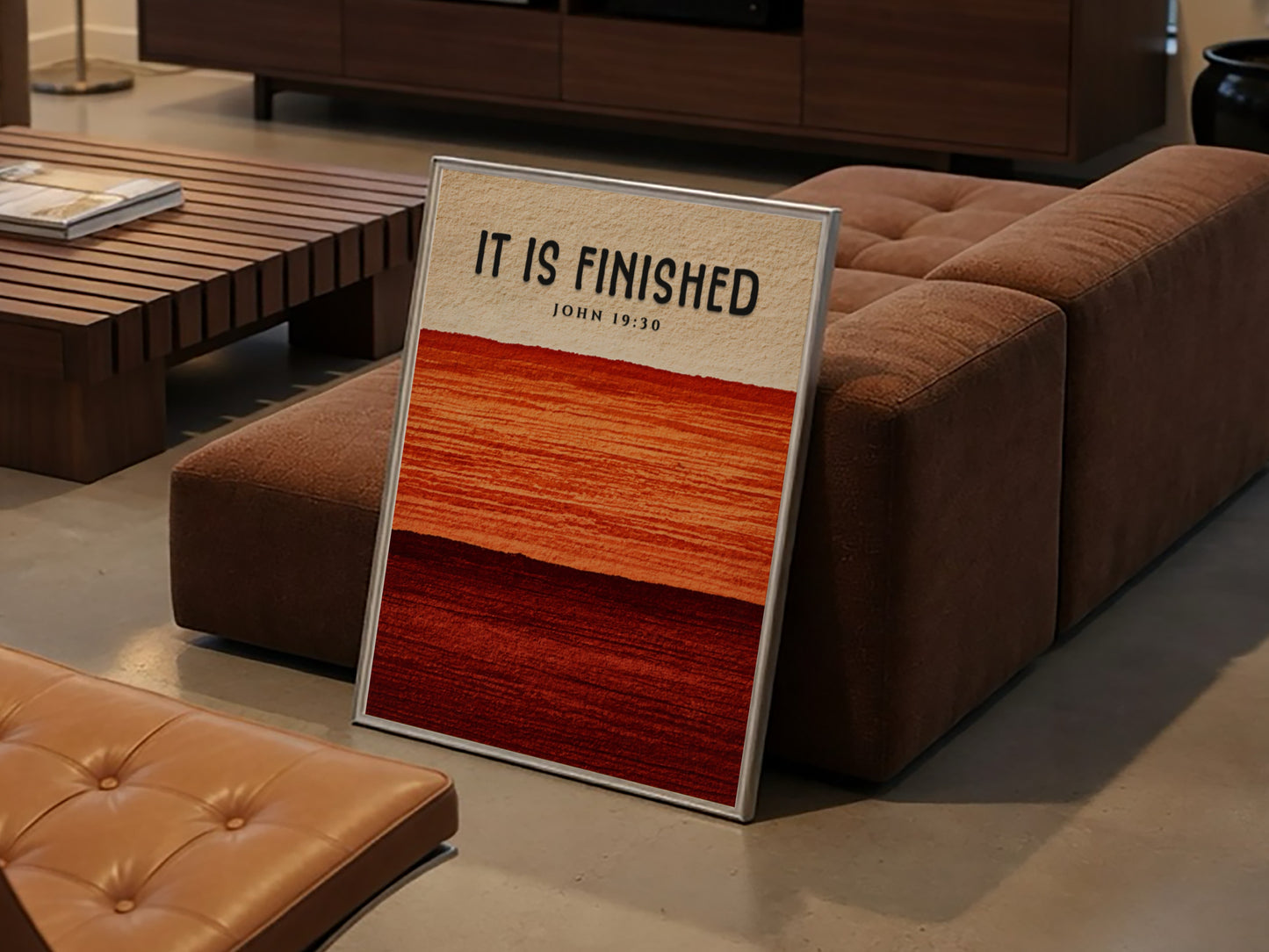 Inspirational poster featuring the phrase It Is Finished in warm gradient colors