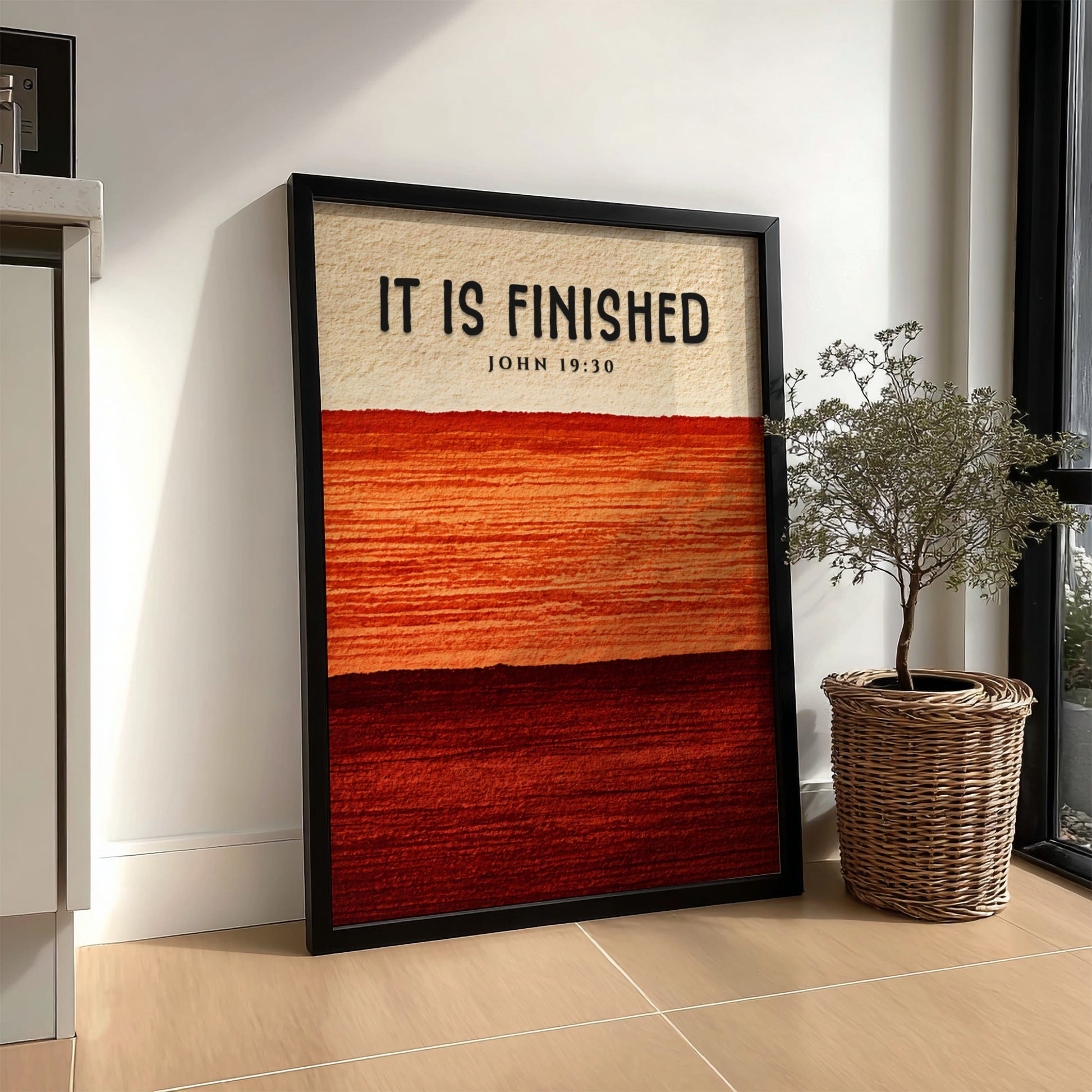 Inspirational poster featuring the phrase It Is Finished in warm gradient colors