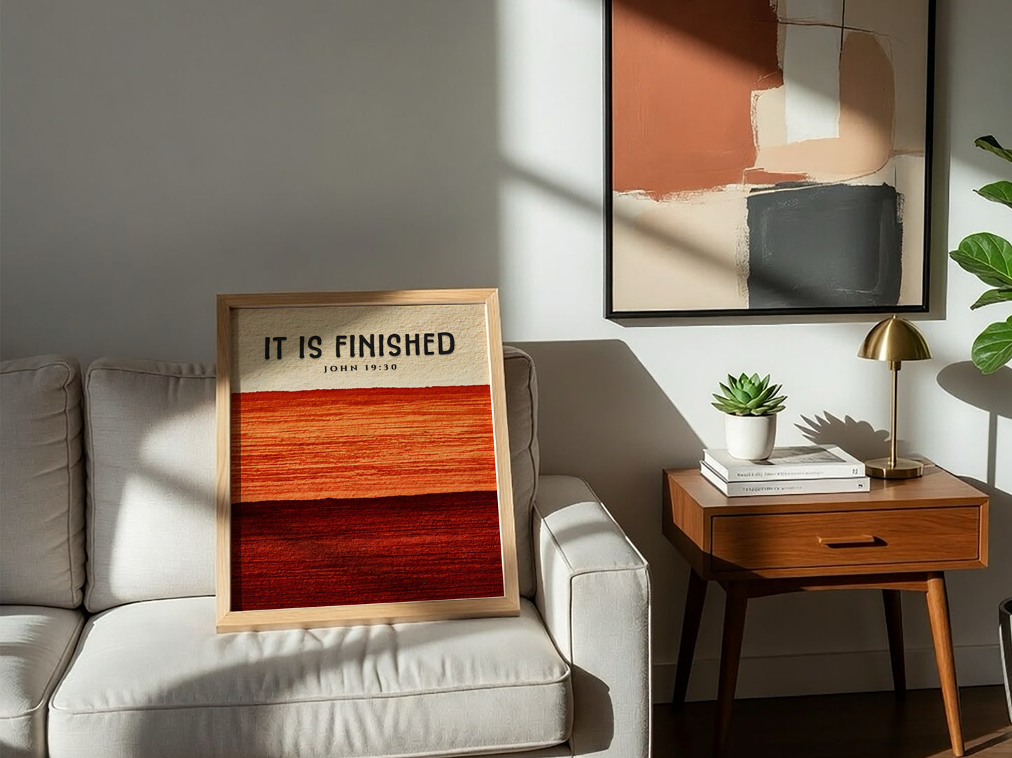 Inspirational poster featuring the phrase It Is Finished in warm gradient colors