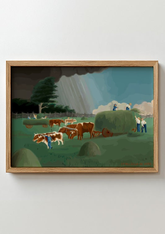 Vintage farm scene drawing titled 'It Will Soon be Here' by John Koehl, showing cattle and farmers before a