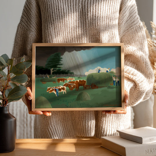 Vintage farm scene drawing titled 'It Will Soon be Here' by John Koehl, showing cattle and farmers before a
