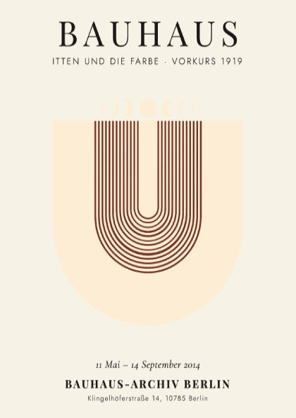 Bauhaus poster featuring geometric shapes and warm colors, inspired by Itten's color theory.