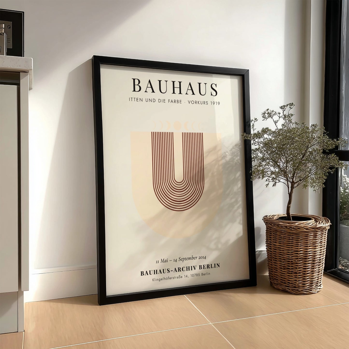 Bauhaus poster featuring geometric shapes and warm colors, inspired by Itten's color theory.