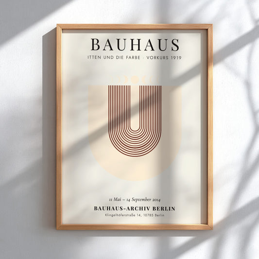 Bauhaus poster featuring geometric shapes and warm colors, inspired by Itten's color theory.