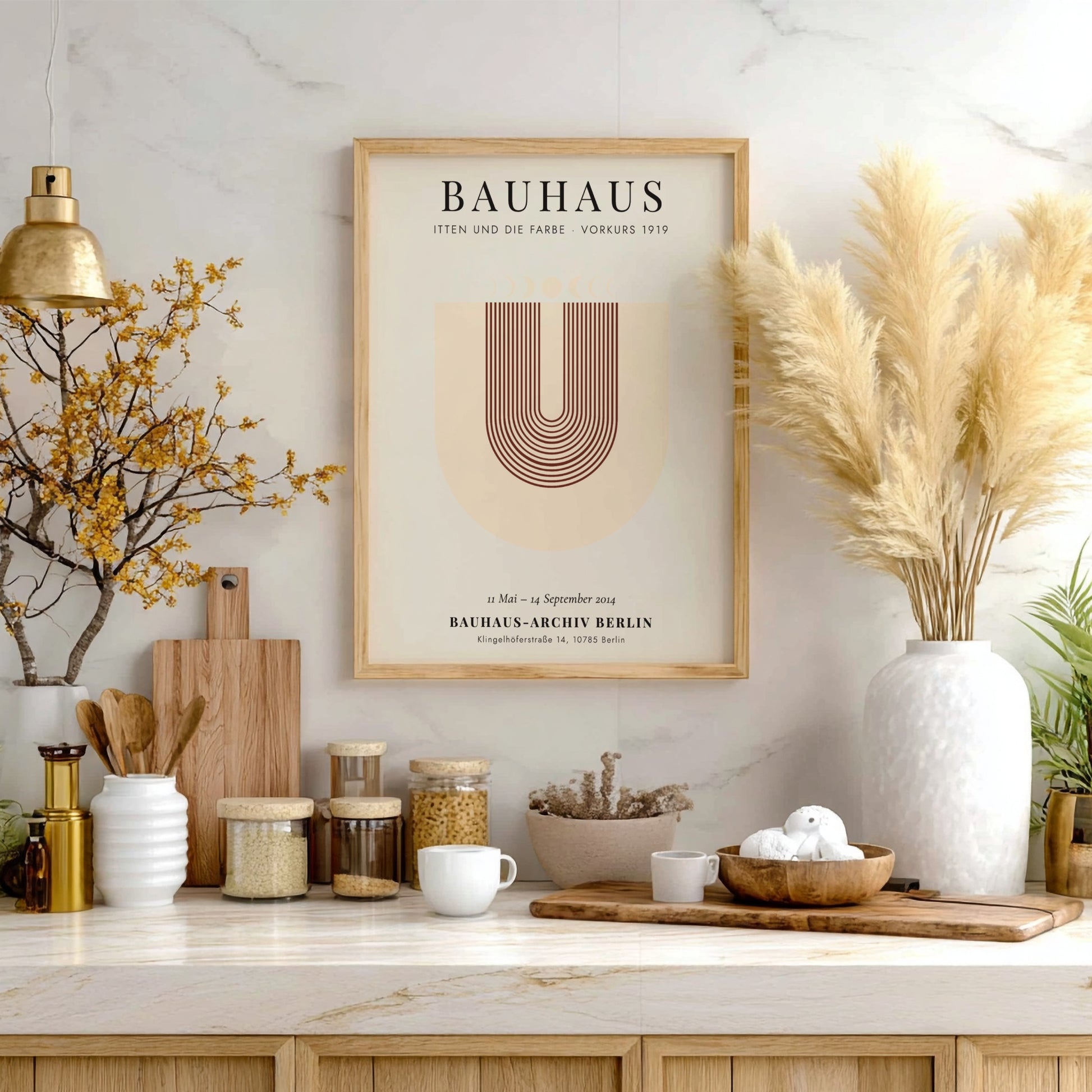 Bauhaus poster featuring geometric shapes and warm colors, inspired by Itten's color theory.