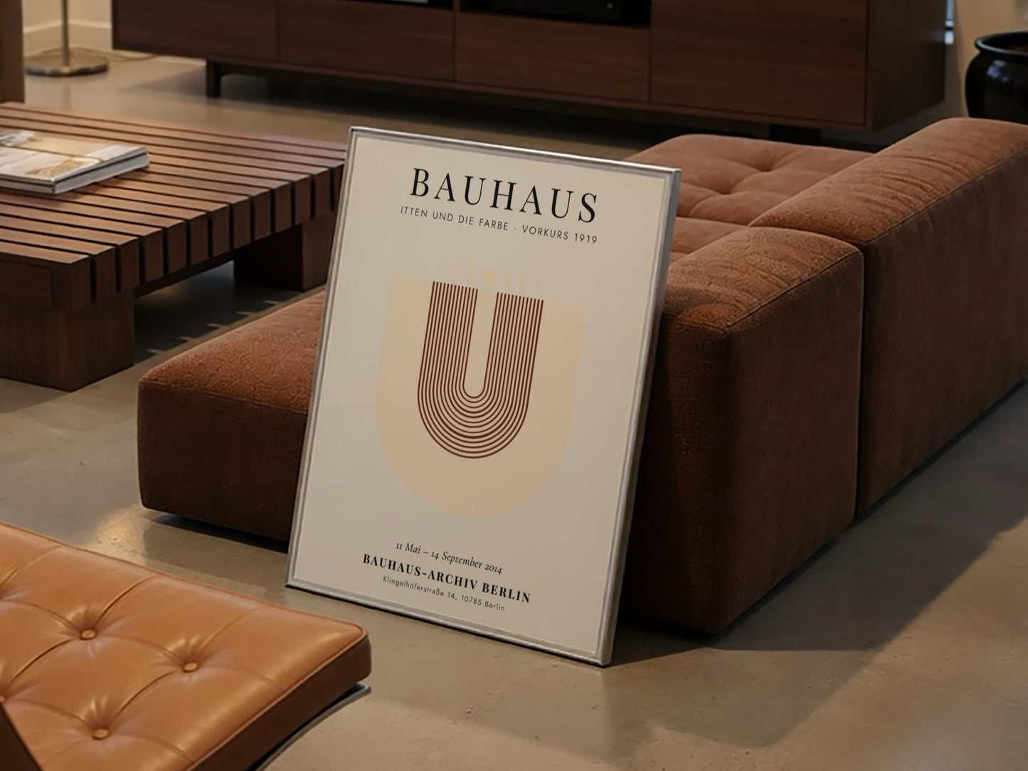 Bauhaus poster featuring geometric shapes and warm colors, inspired by Itten's color theory.