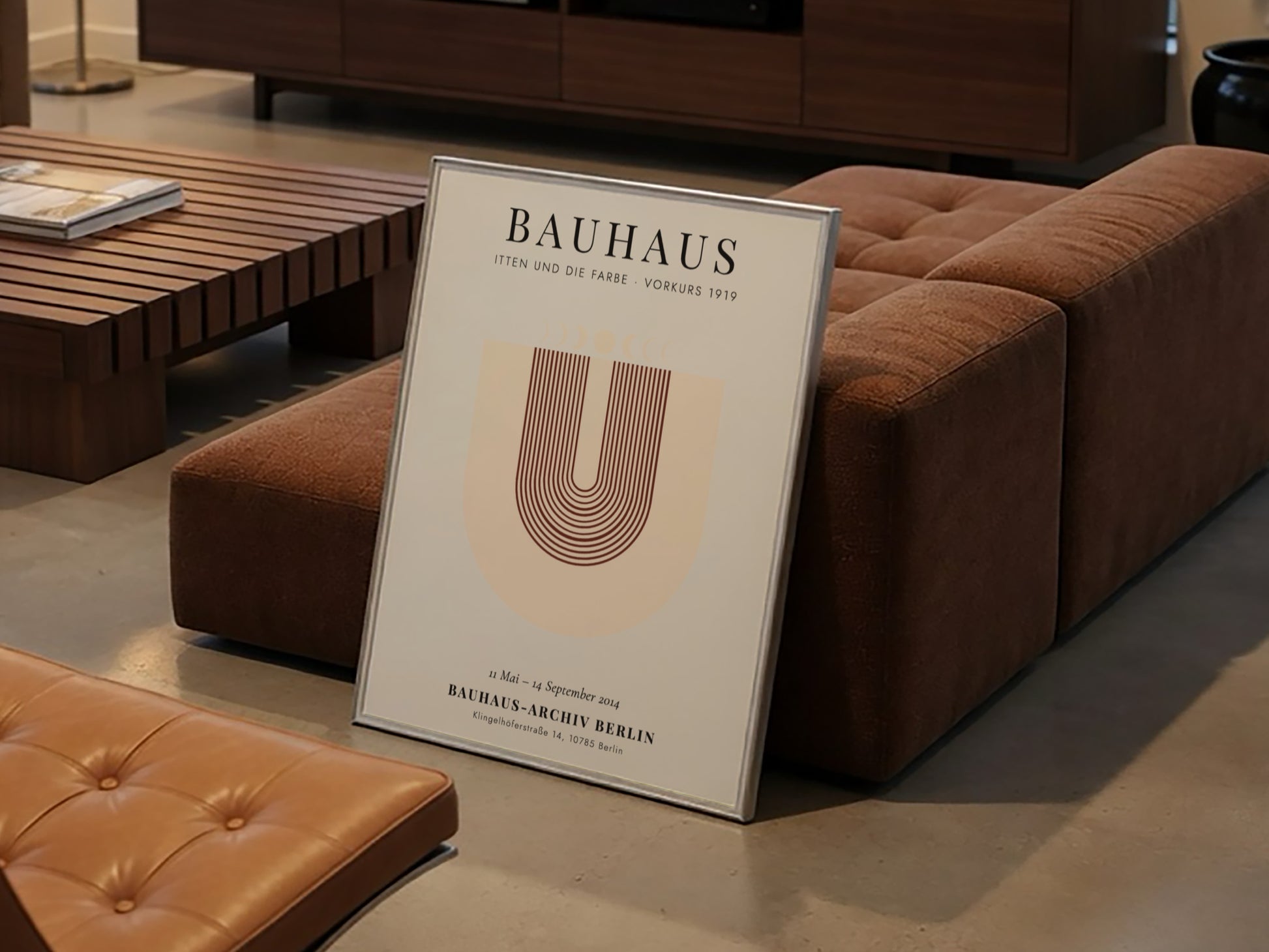Bauhaus poster featuring geometric shapes and warm colors, inspired by Itten's color theory.