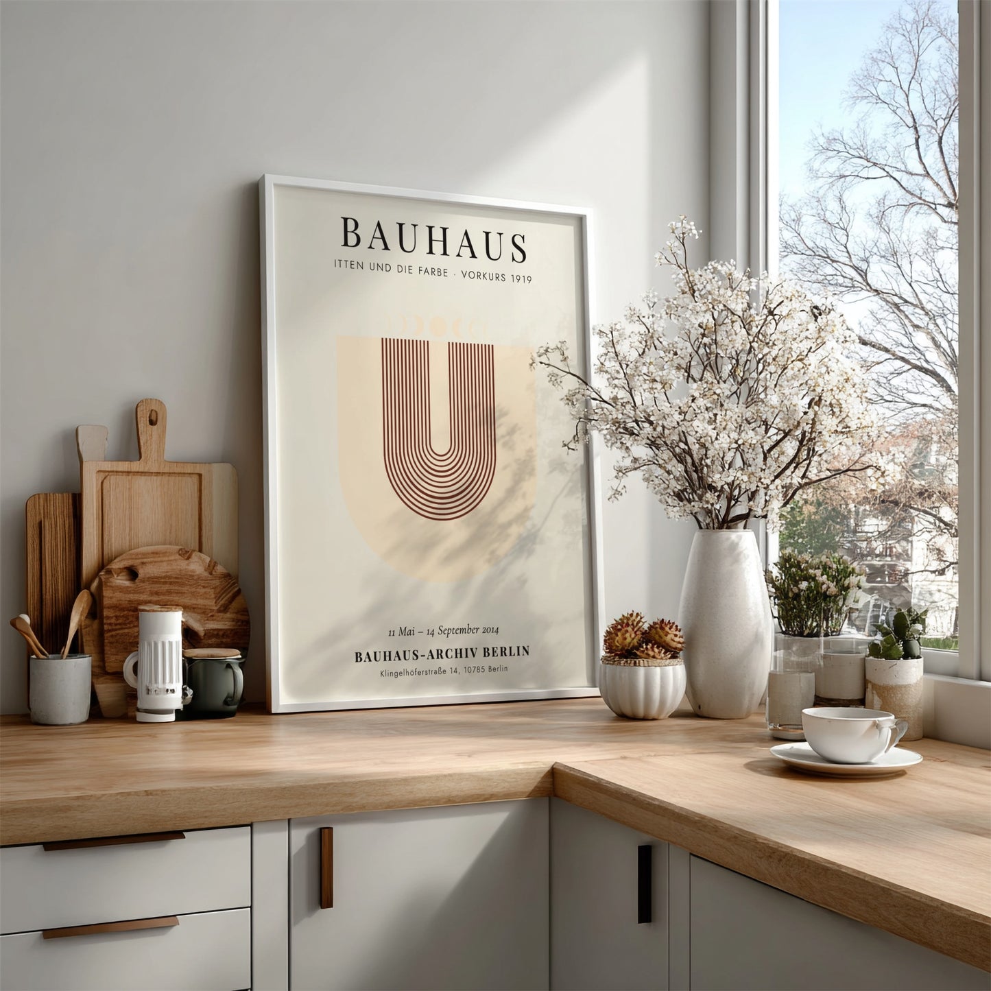 Bauhaus poster featuring geometric shapes and warm colors, inspired by Itten's color theory.